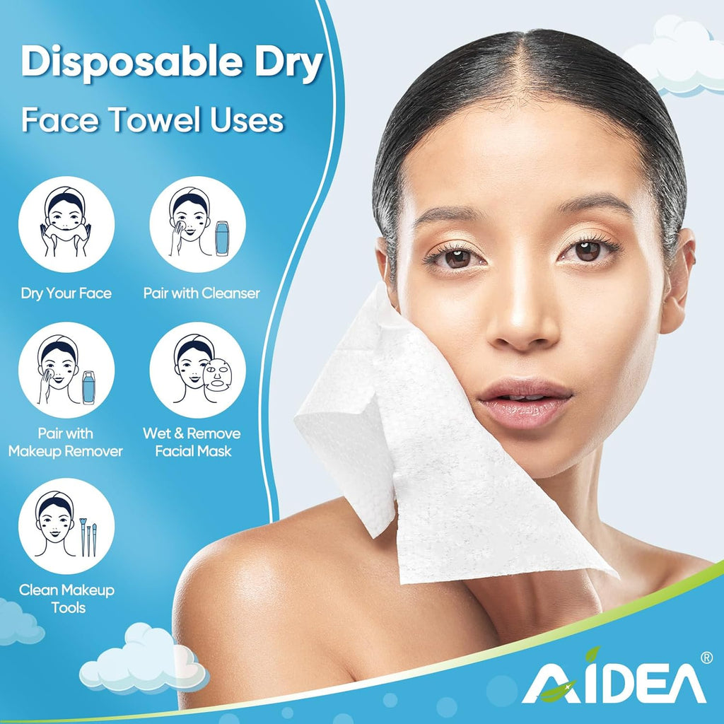 AIDEA Face Towels Disposable-50Ct, Clean Facial Towels Face Cloths, Facial Cleansing Wipes for Sensitive Skin, Face Towelettes for Makeup Removing, Nursing, Travel, Dry Face Wipes