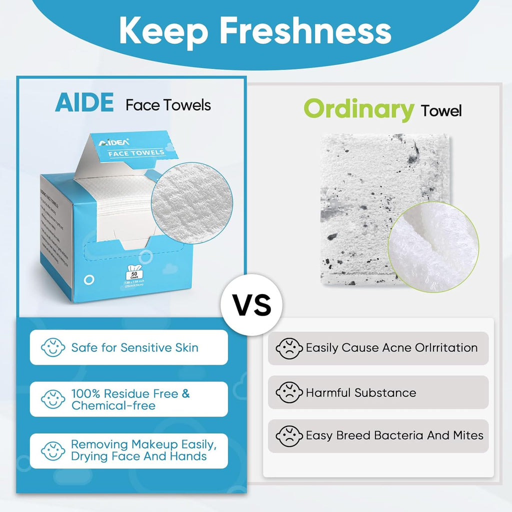 AIDEA Face Towels Disposable-50Ct, Clean Facial Towels Face Cloths, Facial Cleansing Wipes for Sensitive Skin, Face Towelettes for Makeup Removing, Nursing, Travel, Dry Face Wipes
