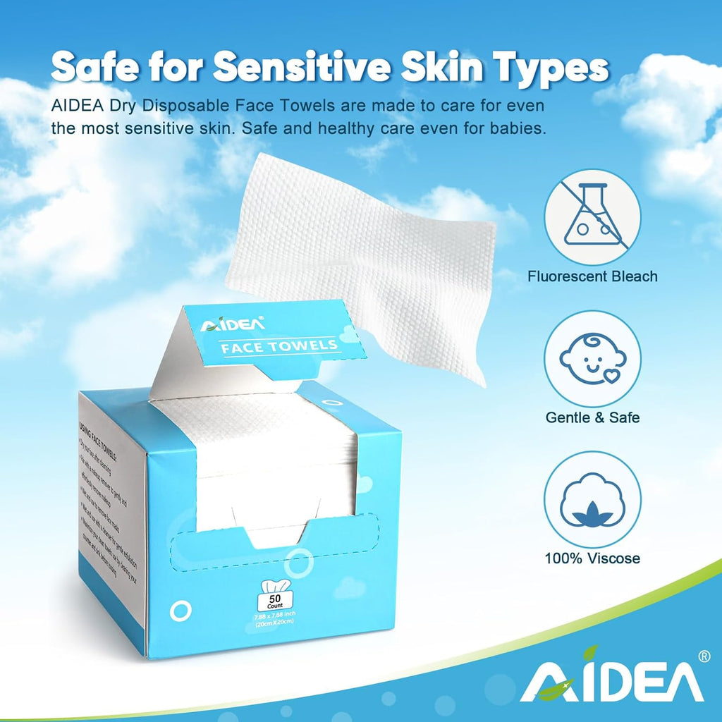 AIDEA Face Towels Disposable-50Ct, Clean Facial Towels Face Cloths, Facial Cleansing Wipes for Sensitive Skin, Face Towelettes for Makeup Removing, Nursing, Travel, Dry Face Wipes