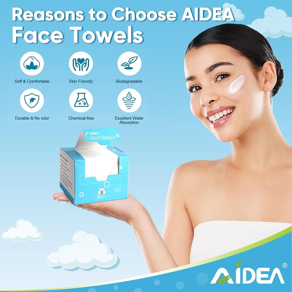 AIDEA Face Towels Disposable-50Ct, Clean Facial Towels Face Cloths, Facial Cleansing Wipes for Sensitive Skin, Face Towelettes for Makeup Removing, Nursing, Travel, Dry Face Wipes