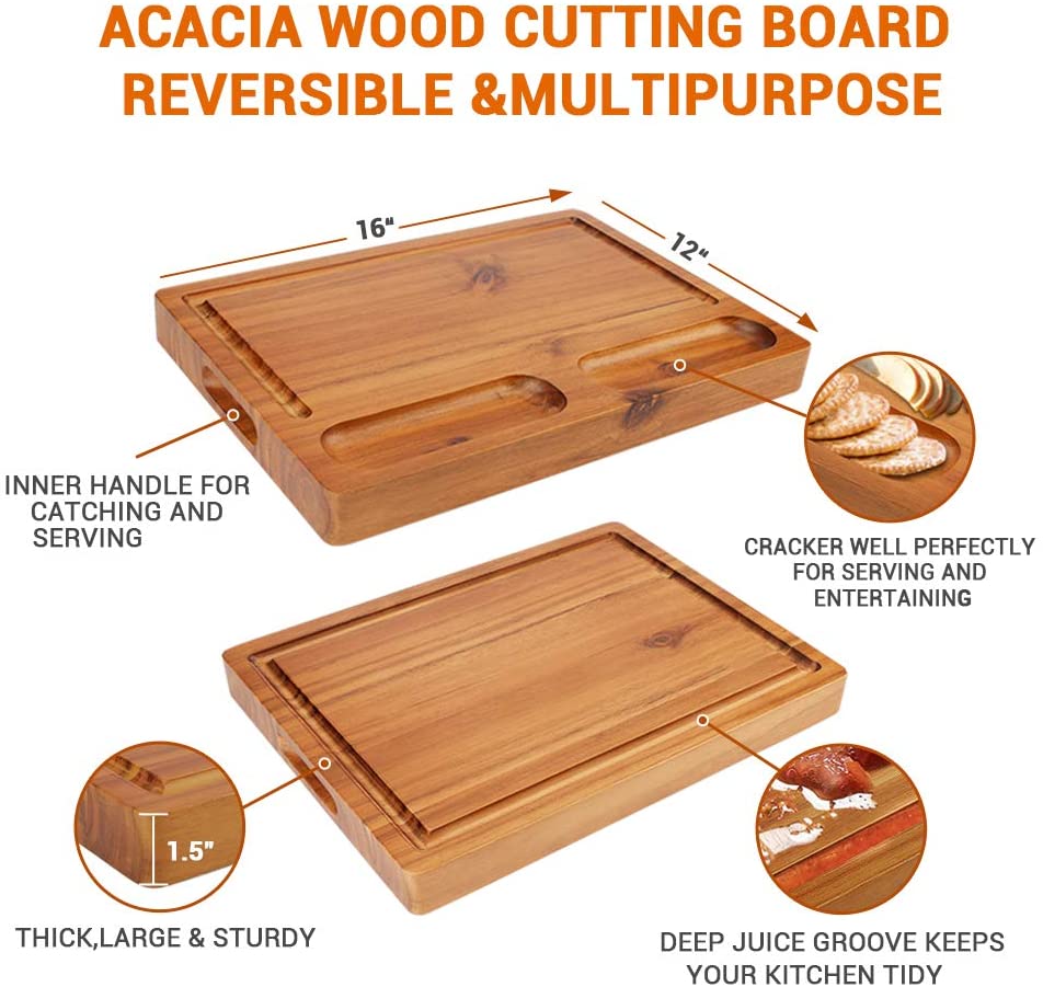AIDEA Double Thick Cutting Board, Reversible Board with Built-in Handle &Juice Groove for Meat and Vegetable(16''x12''x1.5'')