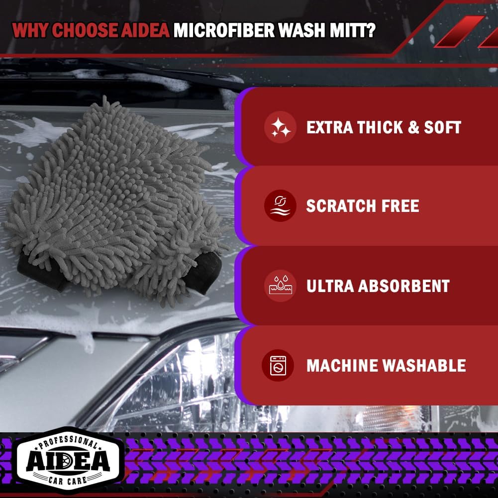 AIDEA Car Wash Mitt Microfiber-2PK, Scratch-Free& Lint-Free, Premium Chenille Microfiber Wash Mitt-Blue Regular Size (7.12''X10.14'')