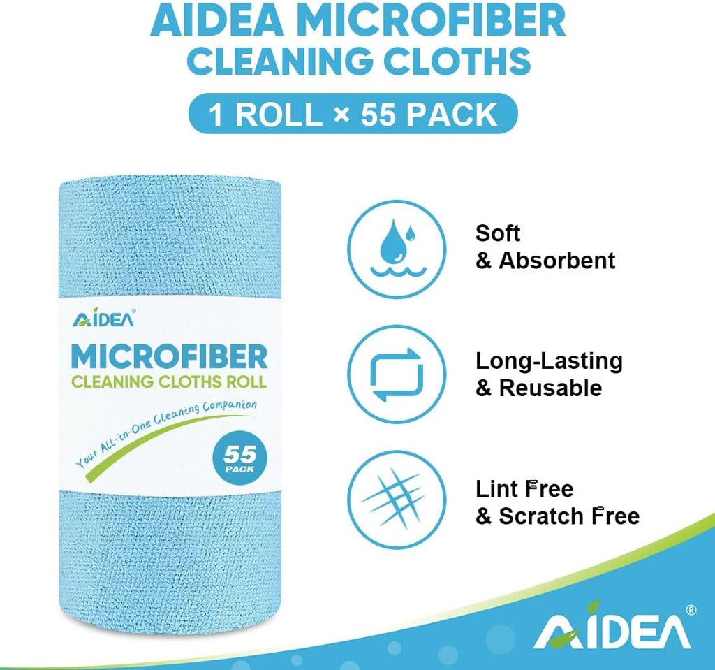 AIDEA Microfiber Cleaning Cloth 55 Sheets 3 Roll, Microfiber Towels for Cars, Blue Shop Towels, Shop Rags Washable, Cleaning Rags Reusable Paper Towels for Automotive, Mechanic, Workshops, House,11×9"