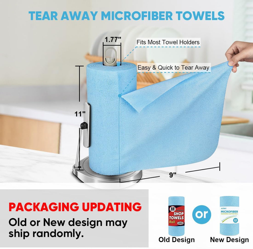 AIDEA Microfiber Cleaning Cloth 55 Sheets 3 Roll, Microfiber Towels for Cars, Blue Shop Towels, Shop Rags Washable, Cleaning Rags Reusable Paper Towels for Automotive, Mechanic, Workshops, House,11×9"