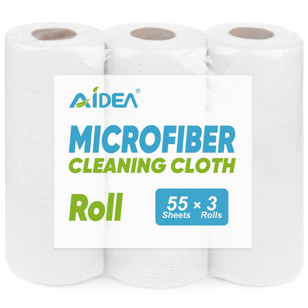 AIDEA Microfiber Cleaning Cloth 55 Sheets 3 Roll, Microfiber Towels for Cars, Blue Shop Towels, Shop Rags Washable, Cleaning Rags Reusable Paper Towels for Automotive, Mechanic, Workshops, House,11×9"