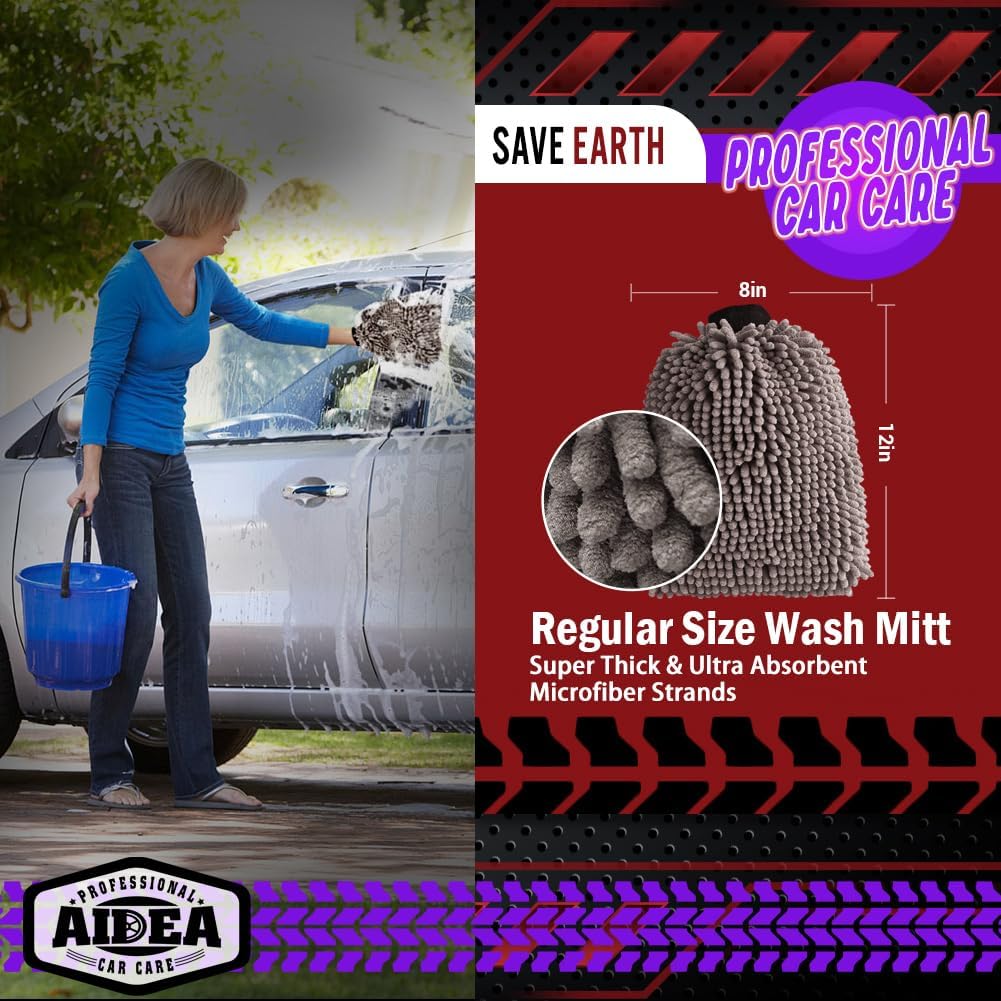 AIDEA Car Wash Mitt Microfiber-2PK, Scratch-Free& Lint-Free, Premium Chenille Microfiber Wash Mitt-Blue Regular Size (7.12''X10.14'')