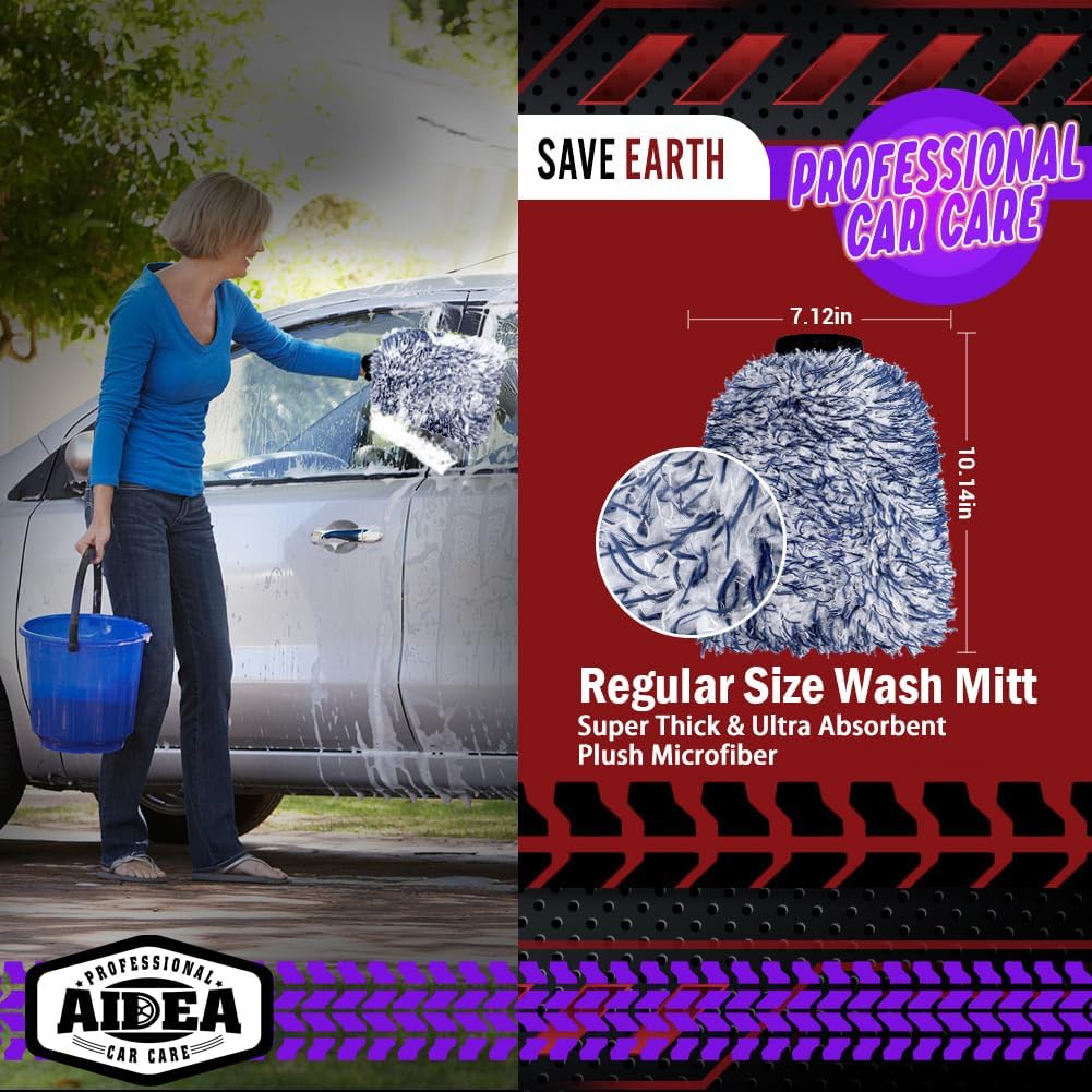 AIDEA Car Wash Mitt Microfiber-2PK, Scratch-Free& Lint-Free, Premium Chenille Microfiber Wash Mitt-Blue Regular Size (7.12''X10.14'')