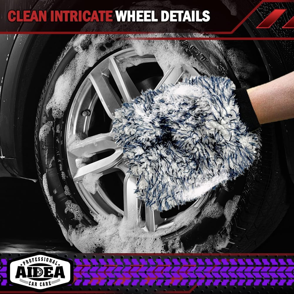 AIDEA Car Wash Mitt Microfiber-2PK, Scratch-Free& Lint-Free, Premium Chenille Microfiber Wash Mitt-Blue Regular Size (7.12''X10.14'')
