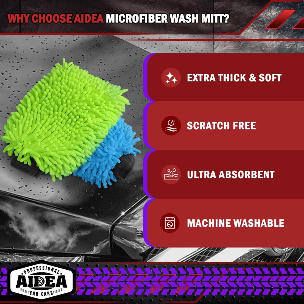 AIDEA Car Wash Mitt Microfiber-2PK, Scratch-Free& Lint-Free, Premium Chenille Microfiber Wash Mitt-Blue Regular Size (7.12''X10.14'')