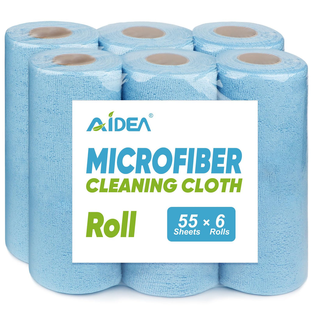 AIDEA Microfiber Cleaning Cloth 55 Sheets 3 Roll, Microfiber Towels for Cars, Blue Shop Towels, Shop Rags Washable, Cleaning Rags Reusable Paper Towels for Automotive, Mechanic, Workshops, House,11×9"