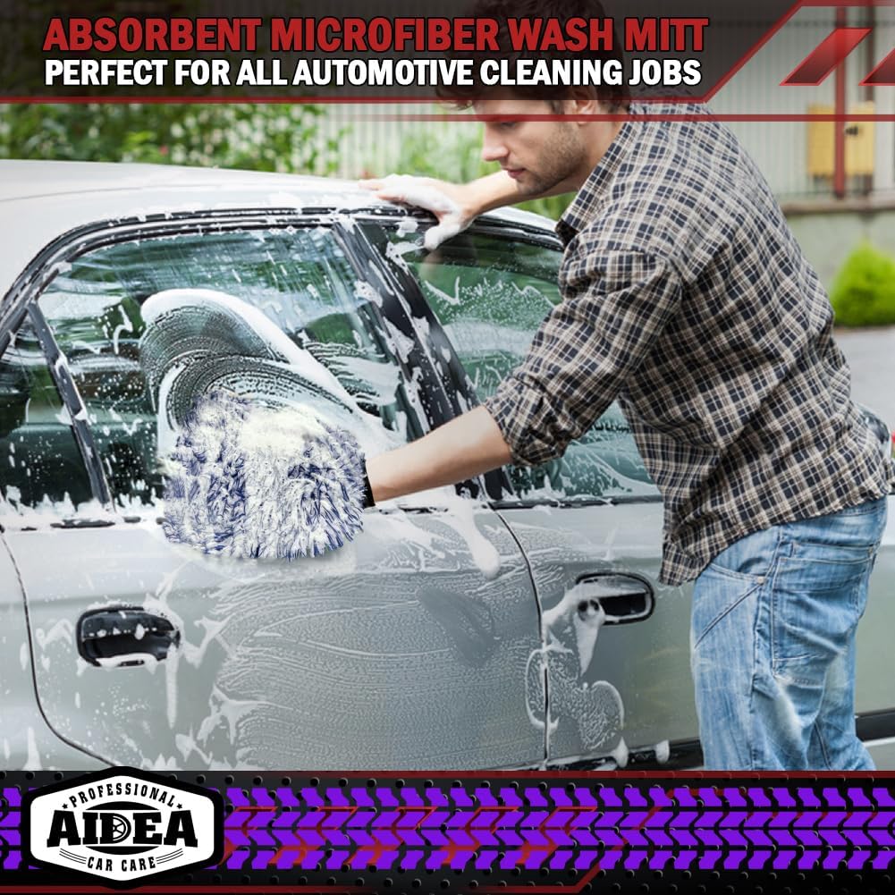 AIDEA Car Wash Mitt Microfiber-2PK, Scratch-Free& Lint-Free, Premium Chenille Microfiber Wash Mitt-Blue Regular Size (7.12''X10.14'')