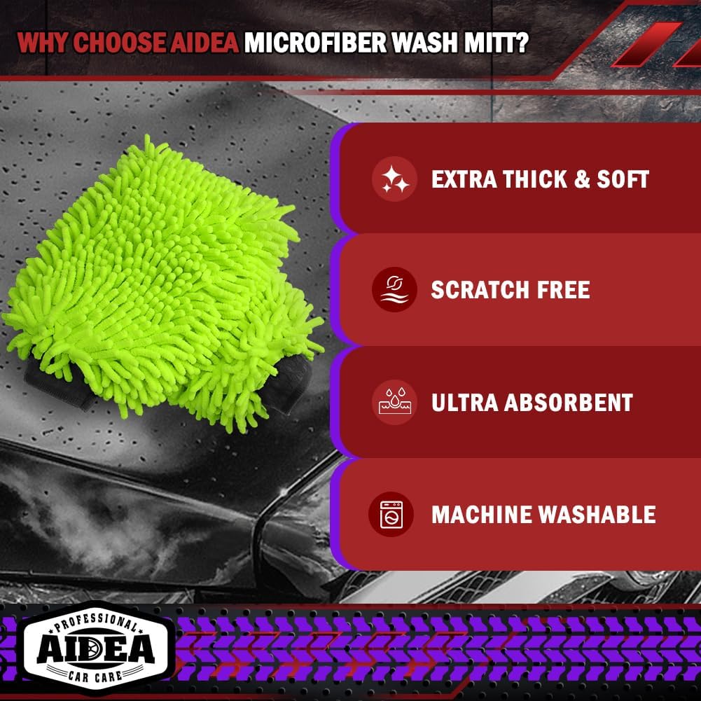 AIDEA Car Wash Mitt Microfiber-2PK, Scratch-Free& Lint-Free, Premium Chenille Microfiber Wash Mitt-Blue Regular Size (7.12''X10.14'')