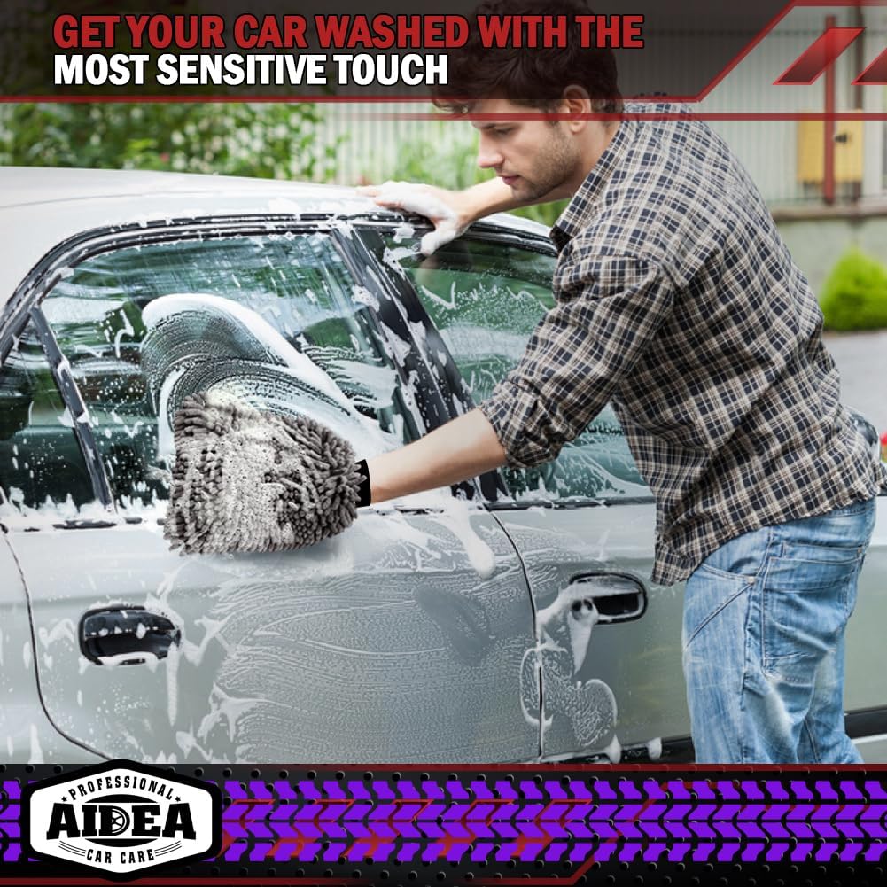 AIDEA Car Wash Mitt Microfiber-2PK, Scratch-Free& Lint-Free, Premium Chenille Microfiber Wash Mitt-Blue Regular Size (7.12''X10.14'')