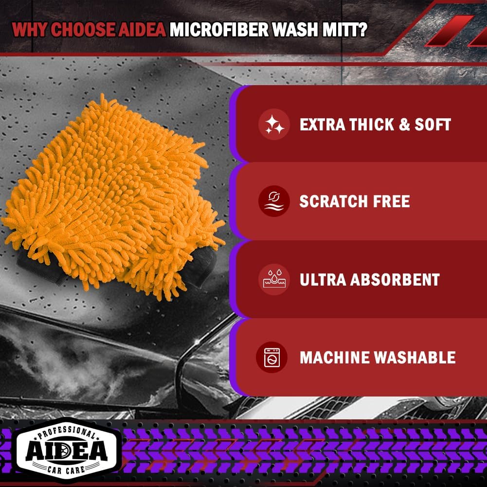 AIDEA Car Wash Mitt Microfiber-2PK, Scratch-Free& Lint-Free, Premium Chenille Microfiber Wash Mitt-Blue Regular Size (7.12''X10.14'')