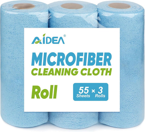 AIDEA Microfiber Cleaning Cloth 55 Sheets 3 Roll, Microfiber Towels for Cars, Blue Shop Towels, Shop Rags Washable, Cleaning Rags Reusable Paper Towels for Automotive, Mechanic, Workshops, House,11×9"