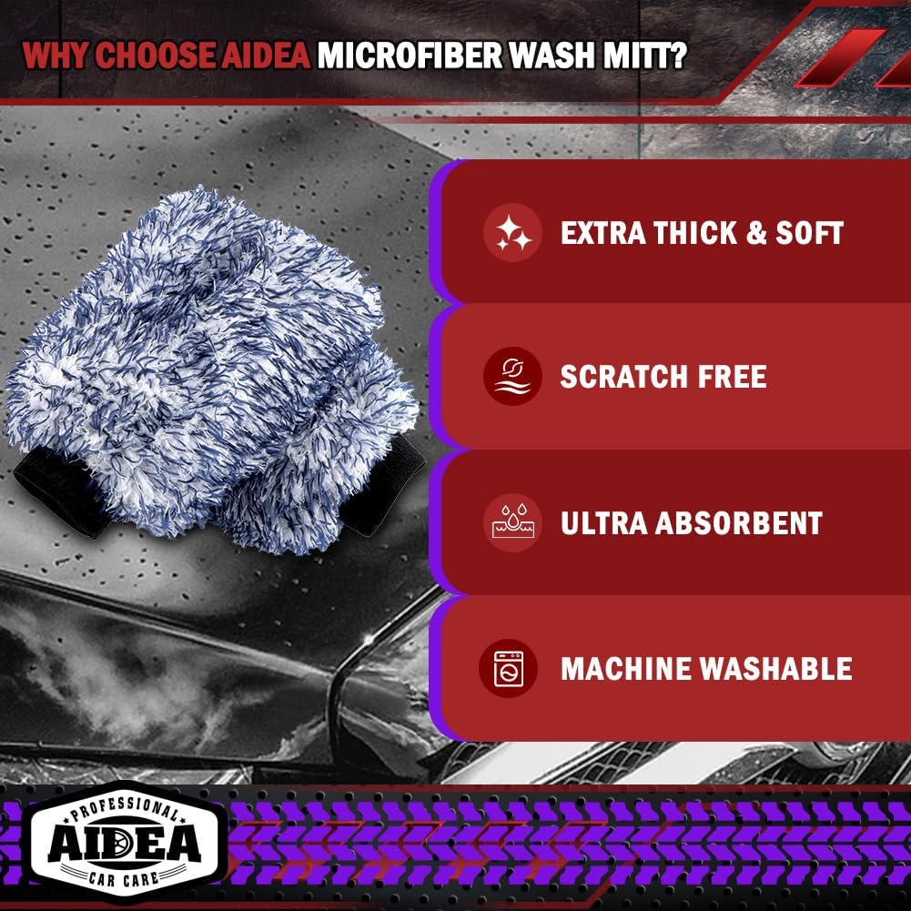 AIDEA Car Wash Mitt Microfiber-2PK, Scratch-Free& Lint-Free, Premium Chenille Microfiber Wash Mitt-Blue Regular Size (7.12''X10.14'')