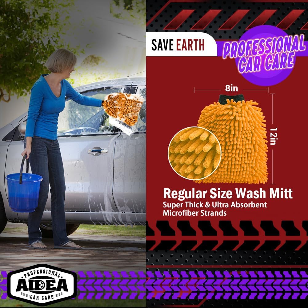 AIDEA Car Wash Mitt Microfiber-2PK, Scratch-Free& Lint-Free, Premium Chenille Microfiber Wash Mitt-Blue Regular Size (7.12''X10.14'')