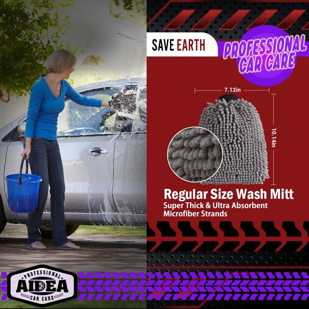 AIDEA Car Wash Mitt Microfiber-2PK, Scratch-Free& Lint-Free, Premium Chenille Microfiber Wash Mitt-Blue Regular Size (7.12''X10.14'')