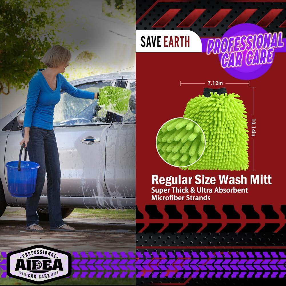 AIDEA Car Wash Mitt Microfiber-2PK, Scratch-Free& Lint-Free, Premium Chenille Microfiber Wash Mitt-Blue Regular Size (7.12''X10.14'')