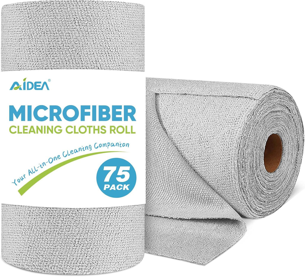 AIDEA Microfiber Cleaning Cloth Roll, Grey 75PK, Reusable Paper Towels Tear Away Cloth, Microfiber Towels for Cars, Wash Cloths, Lint Free Rags for House, Kitchen,Window,Cleaning Supplies 11.5"×11.5"