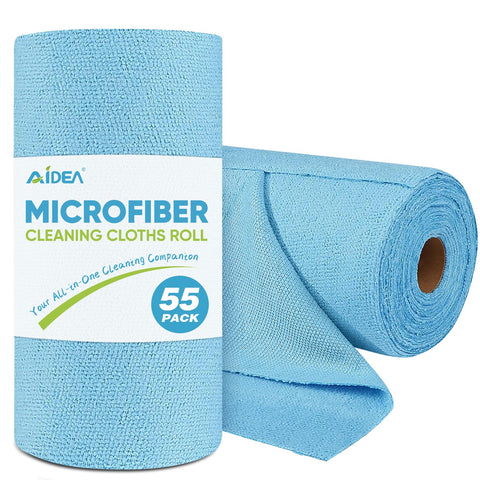 AIDEA Microfiber Cleaning Cloth 55 Sheets 3 Roll, Microfiber Towels for Cars, Blue Shop Towels, Shop Rags Washable, Cleaning Rags Reusable Paper Towels for Automotive, Mechanic, Workshops, House,11×9"