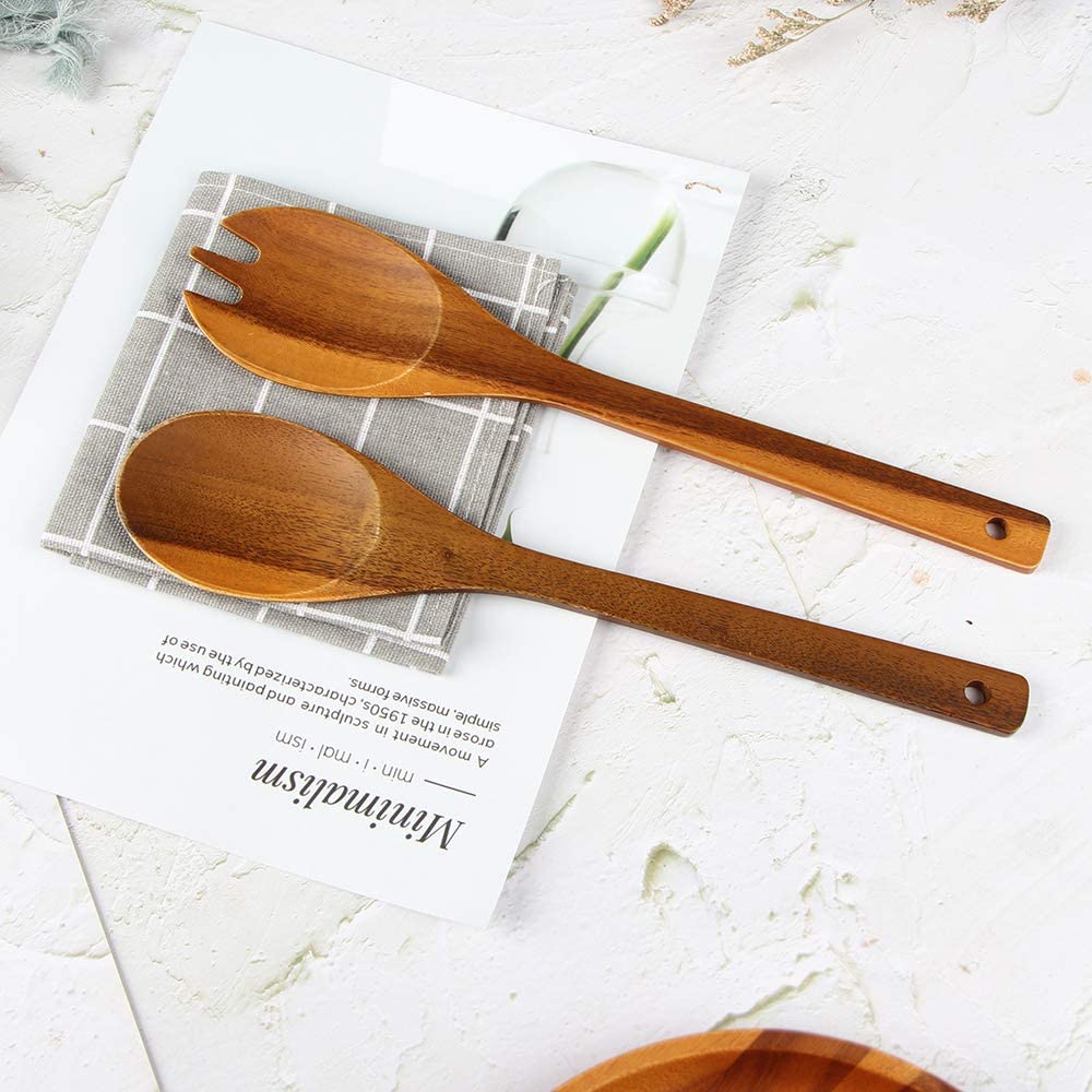 AIDEA Salad Tongs, Salad Spoons and Fork Wood Salad Serving Utensils 12Inch for Tossing and Serving