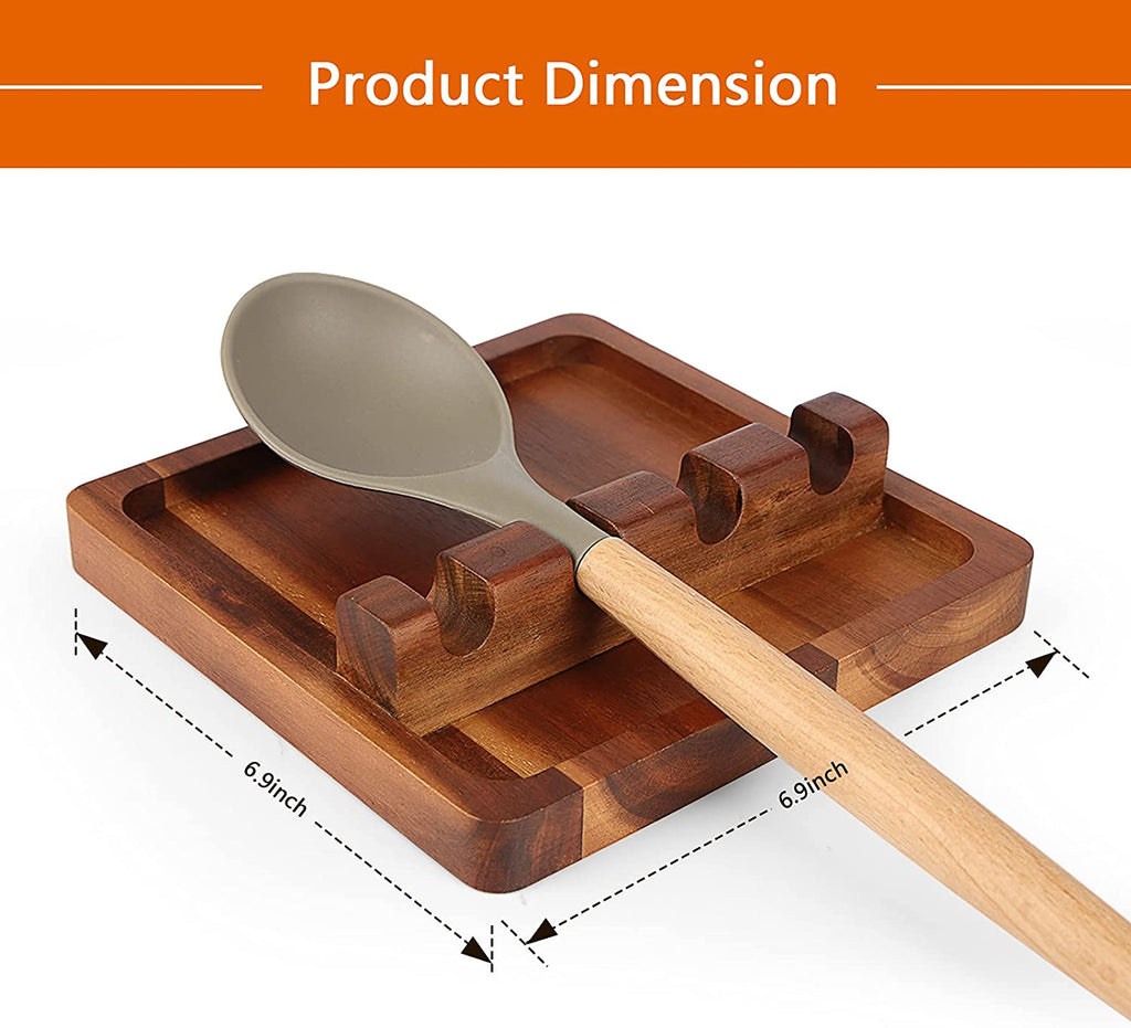 Acacia Wood Utensil Rest with Drip Pad for Multiple Utensils, 4 Slots Available, BPA-Free Spoon Rest & Spoon Holder for Stove Top, Kitchen Utensil Holder for Ladles,Turner,Brush,Spatula& More