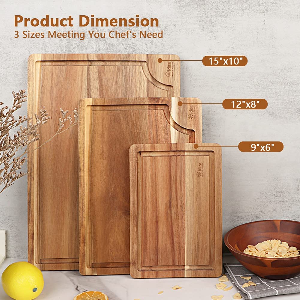 Acacia Wood Cutting Board Set with Juice Groove (3 Pieces) - Meat, Chesse,Vegetable Chopping Board, Organic Wooden Butcher Block for kitchen, Wood Cutting Board Set