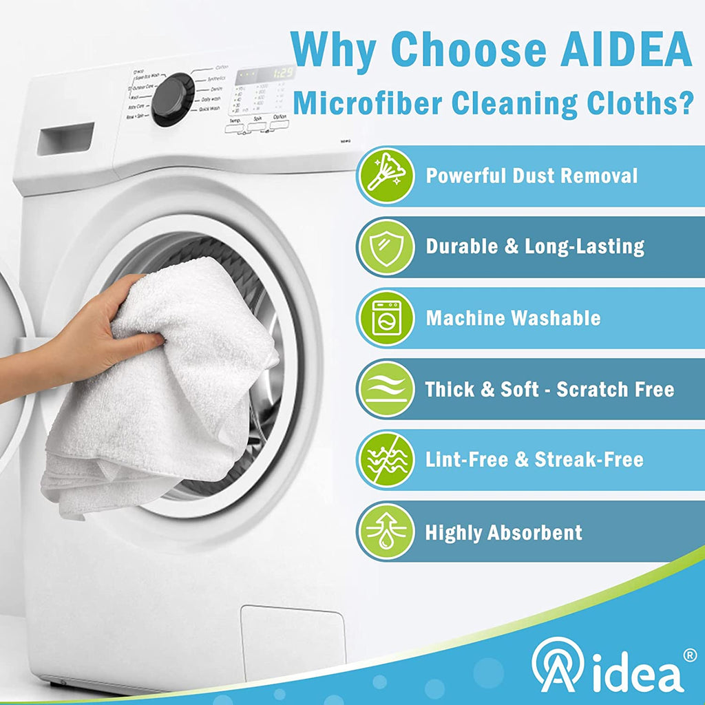 AIDEA Microfiber Cleaning Cloths White-12Pack, Strong Water Absorption, Lint-Free, Scratch-Free, Streak-Free, Dish Towels White (11.5in.x 11.5in.)