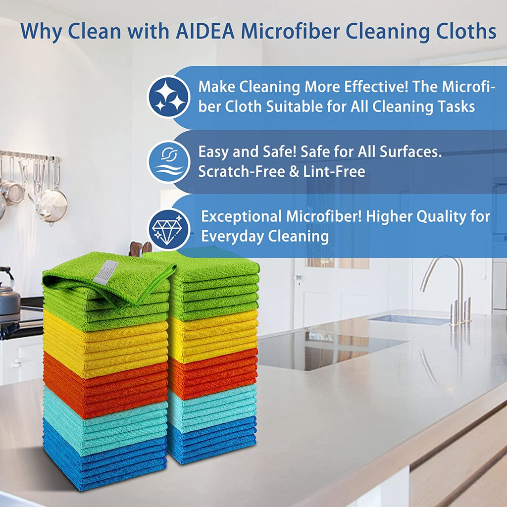 AIDEA Microfiber Cleaning Cloths-50 Pack, Premium All-Purpose Softer Highly Absorbent, Lint Free - Streak Free Wash Cloth for House, Kitchen, Car, Window, Gifts(12in.x 12in.)