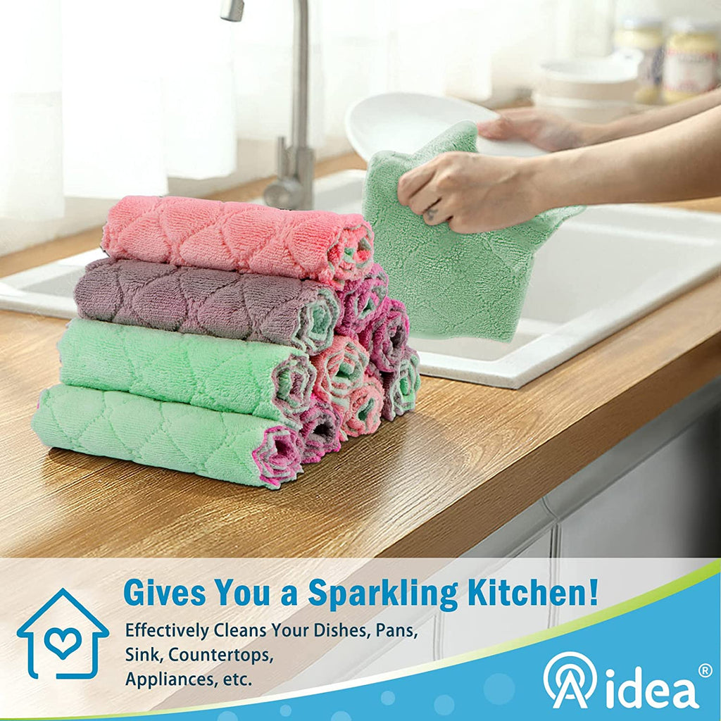 Aidea Kitchen Dish Cloth - 12 Pack, Super Absorbent Coral Fleece Dish Cloths, No Odor Reusable Dish Cloth, Premium Microfiber Cleaning Cloths, Nonstick Oil Washable Fast Drying 6.3" x10.4"